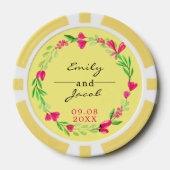 エレガントなピンクの花のリース ライトイエローのウェディング ポーカーチップ (正面)