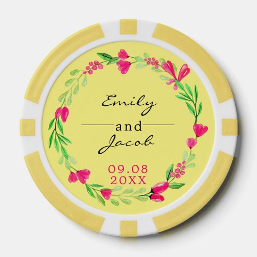 エレガントなピンクの花のリース ライトイエローのウェディング ポーカーチップ (正面)