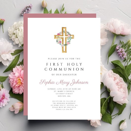 エレガントなピンクの花のリース 十字架 初聖体拝領 招待状