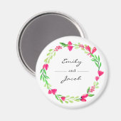 エレガントなピンクの花のリース 白 夫婦の名前 マグネット (正面/裏面)