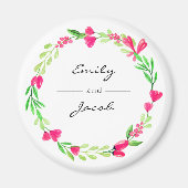 エレガントなピンクの花のリース 白 夫婦の名前 マグネット (正面)