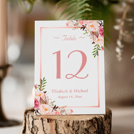 エレガントなピンクの花のローズゴールドの結婚式のテーブルナンバー テーブルナンバー