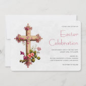 エレガントなピンクの花の付いたイースタークロス 招待状 (正面)