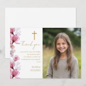 エレガントなピンクの花の写真確認 サンキューカード (正面/裏面)