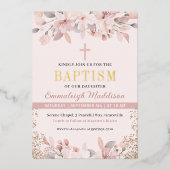エレガントなピンクの花の写真 洗礼 箔招待状 (正面)