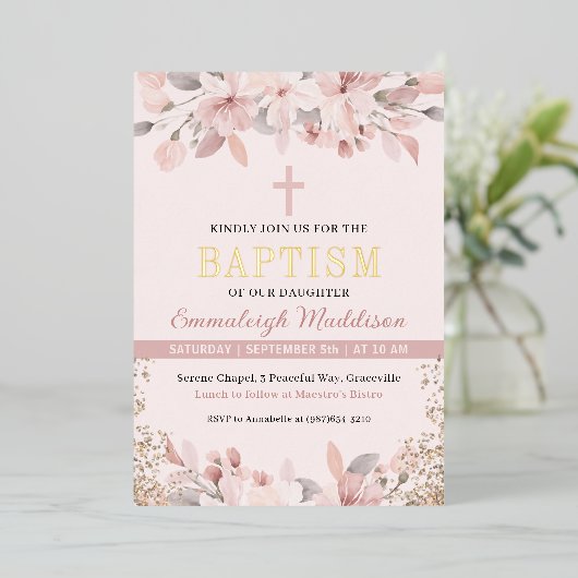 エレガントなピンクの花の写真 洗礼 箔招待状 (立ち正面)