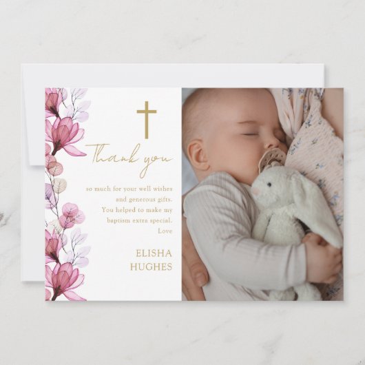 エレガントなピンクの花の写真 洗礼 誕生日のお礼 サンキューカード (正面)