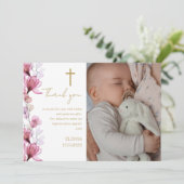 エレガントなピンクの花の写真 洗礼 誕生日のお礼 サンキューカード (スタンド正面)