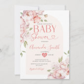 エレガントなピンクの花の女の子のベビーシャワーグリーン 招待状 (正面)