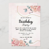 エレガントなピンクの花の女の子の誕生日招待状 招待状 (正面/裏面)