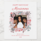 エレガントなピンクの花の幸せな誕生日の家族の写真 ワインラベル (シングルラベル)