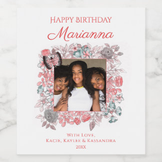 エレガントなピンクの花の幸せな誕生日の家族の写真 ワインラベル