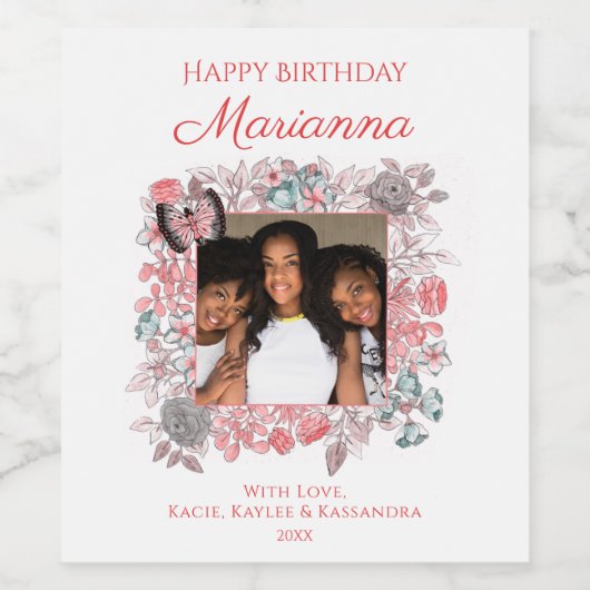 エレガントなピンクの花の幸せな誕生日の家族の写真 ワインラベル (シングルラベル)