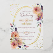 エレガントなピンクの花の水彩オーバル結婚式 箔招待状 (正面)