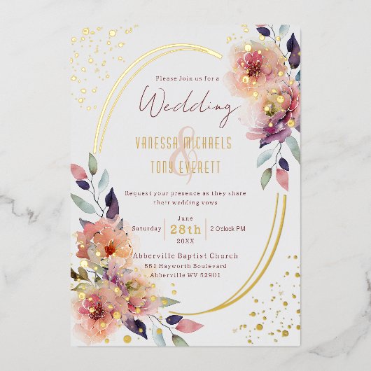 エレガントなピンクの花の水彩オーバル結婚式 箔招待状 (正面)