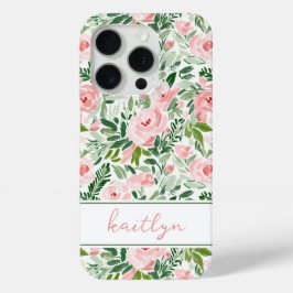 エレガントなピンクの花の水彩パーソナライズデザイン iPhone 15 PROケース