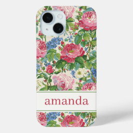 エレガントなピンクの花の水彩パーソナライズデザイン iPhone 15ケース