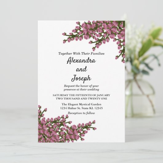 エレガントなピンクの花の水彩ボタニカルウェディング 案内状 (スタンド正面)