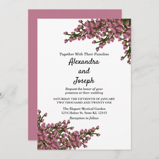 エレガントなピンクの花の水彩ボタニカルウェディング 案内状 (正面/裏面)