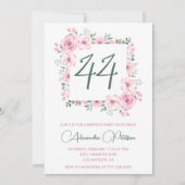 エレガントなピンクの花の水彩 44歳の誕生日 招待状 (正面)