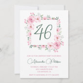 エレガントなピンクの花の水彩 46歳の誕生日 招待状 (正面)