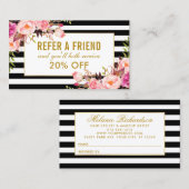 エレガントなピンクの花の金ゴールドフレームのストライプのな紹介 名刺 (正面/裏面)