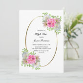 エレガントなピンクの花の高茶 ブライダルシャワー 招待状 (スタンド正面)