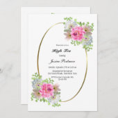 エレガントなピンクの花の高茶 ブライダルシャワー 招待状 (正面/裏面)