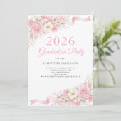 エレガントなピンクの花の2026卒業パーティー 招待状 (スタンド正面)