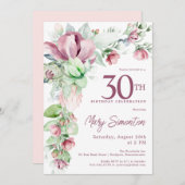 エレガントなピンクの花の30歳の誕生日 招待状 (正面/裏面)