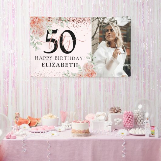 エレガントなピンクの花の50歳の誕生日写真 横断幕 (パーティー)