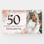 エレガントなピンクの花の50歳の誕生日写真 横断幕 (横)