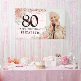 エレガントなピンクの花の80歳の誕生日写真 横断幕