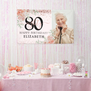 エレガントなピンクの花の80歳の誕生日写真 横断幕