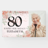 エレガントなピンクの花の80歳の誕生日写真 横断幕 (横)