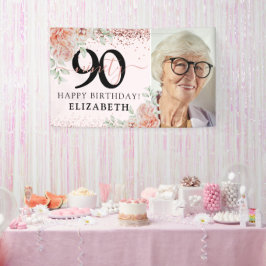 エレガントなピンクの花の90歳の誕生日写真 横断幕