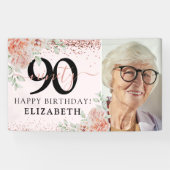 エレガントなピンクの花の90歳の誕生日写真 横断幕 (横)