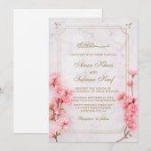 エレガントなピンクの花をあしらったムスリムのウェディング招待状 招待状 (正面/裏面)