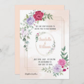 エレガントなピンクの花モチーフのゴールドの結婚式招待状 招待状 (正面/裏面)