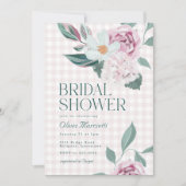 エレガントなピンクの花柄のギンガムガーデン ブライダルシャワー 招待状 (正面)