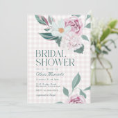 エレガントなピンクの花柄のギンガムガーデン ブライダルシャワー 招待状 (スタンド正面)