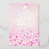 エレガントなピンクの花柄のシルバーフォイル招待状 箔招待状 (正面)