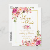 エレガントなピンクの花柄の保存日付の金ゴールド 案内ポストカード (正面/裏面)