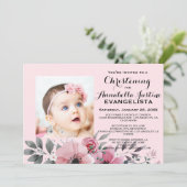 エレガントなピンクの花柄の洗礼式招待状 招待状 (スタンド正面)