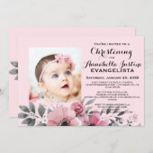 エレガントなピンクの花柄の洗礼式招待状 招待状 (正面/裏面)