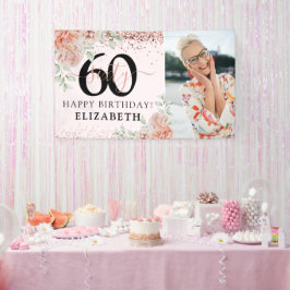 エレガントなピンクの花柄の60歳の誕生日写真 横断幕