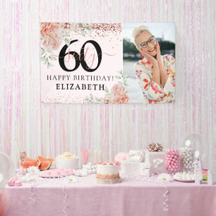 エレガントなピンクの花柄の60歳の誕生日写真 横断幕