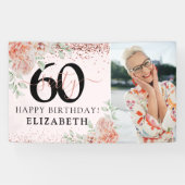 エレガントなピンクの花柄の60歳の誕生日写真 横断幕 (横)