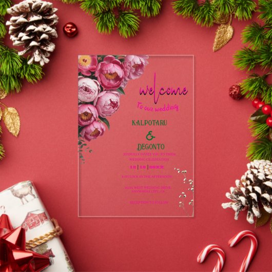 エレガントなピンクの花柄ウェディングウェルカムサイン アクリル招待状 (インサイチュ (クリスマス))
