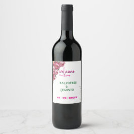 エレガントなピンクの花柄ウェディングウェルカムサイン ワインラベル